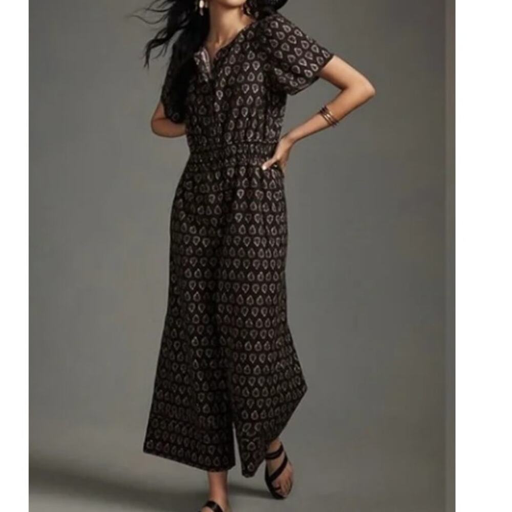 Anthropologie The Somerset Jumpsuit XS Brown Cropped Wide Leg Bohemian Cotton